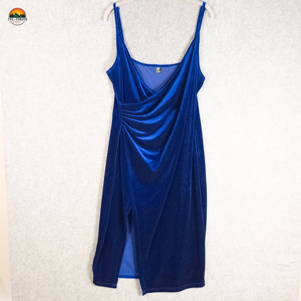 Shein Curve Wrap Dress Blue Velvet Sleeveless Side Slit Women's Plus Size 1XL